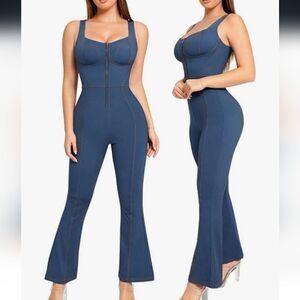 POPILUSH Shapewear Jumpsuit Denim Square Neck Tank Top Flare 3XL Blue